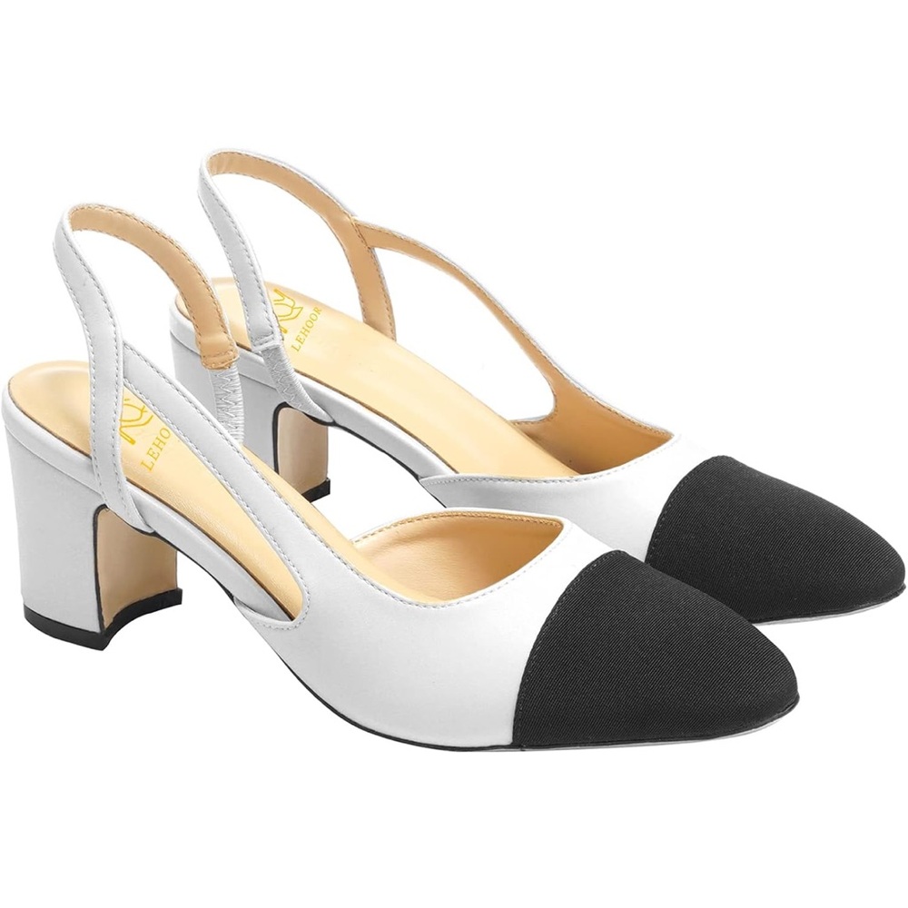 Slingback Pumps Cap Toe Two Toned Mid Block Heel Pointy Toe D’Orsay Slip On